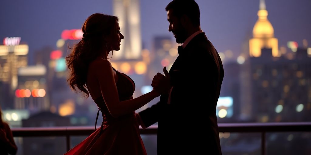 Elegant couple dancing, blurred city lights background.