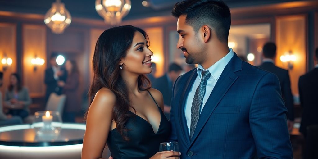 Elegant couple, subtle embrace, sophisticated party environment.