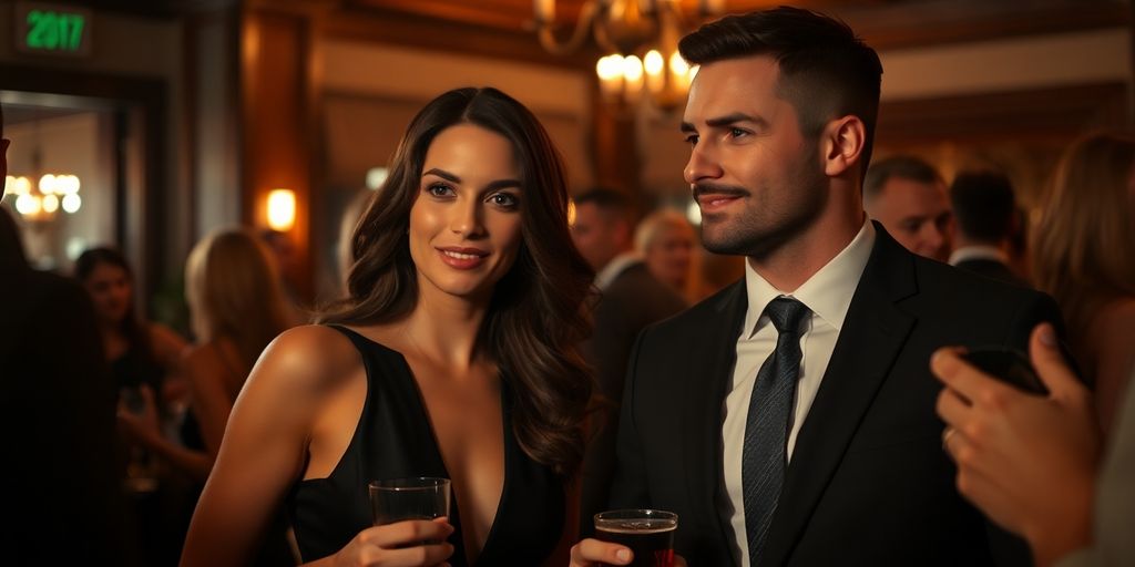 Elegant, discreet couple at a vibrant, exclusive party.