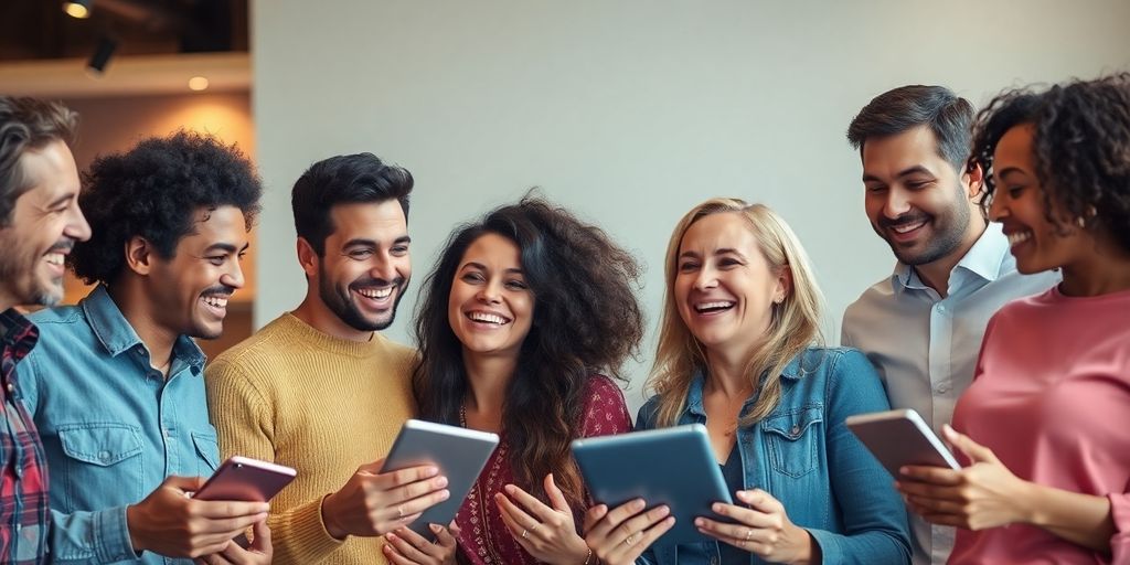 Enthusiastic diverse couples smiling, digital devices present.