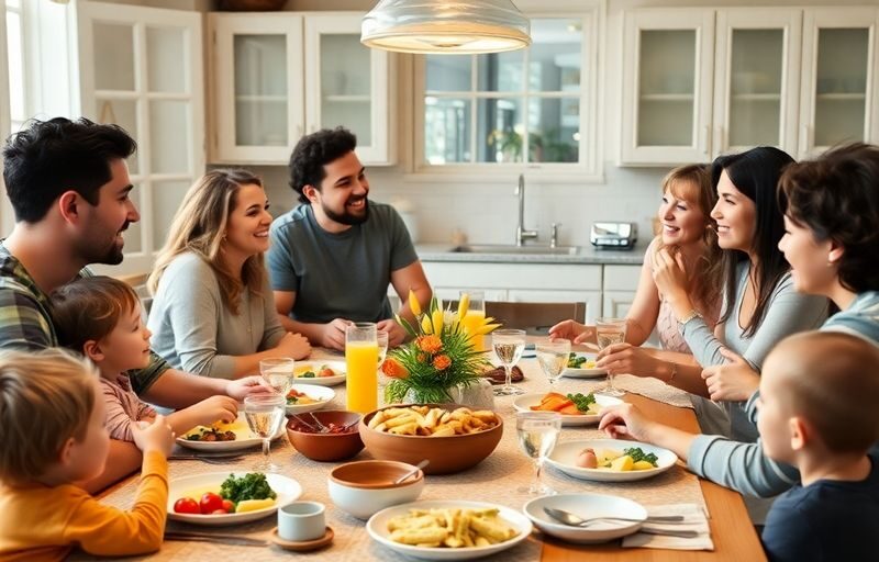 Family gathering around a kitchen table with love and laughter.