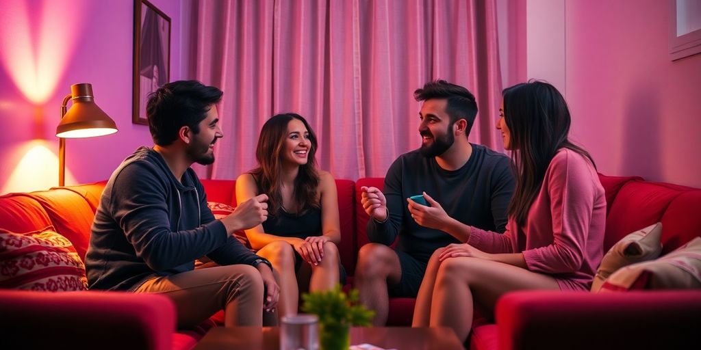 Four adults enjoying a cozy, intimate gathering together.