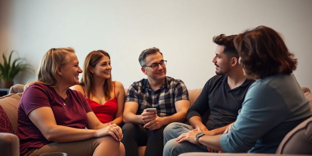 Four adults enjoying an intimate gathering in a cozy setting.