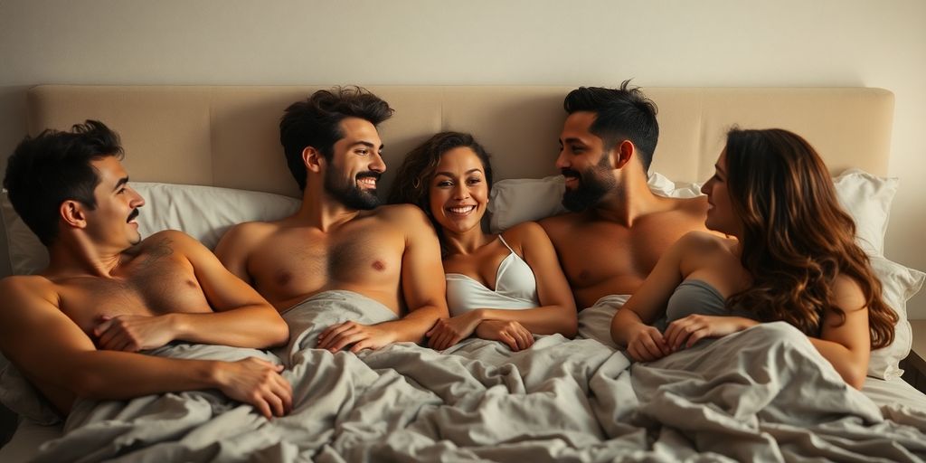Five adults in an intimate bedroom setting, sharing moments.
