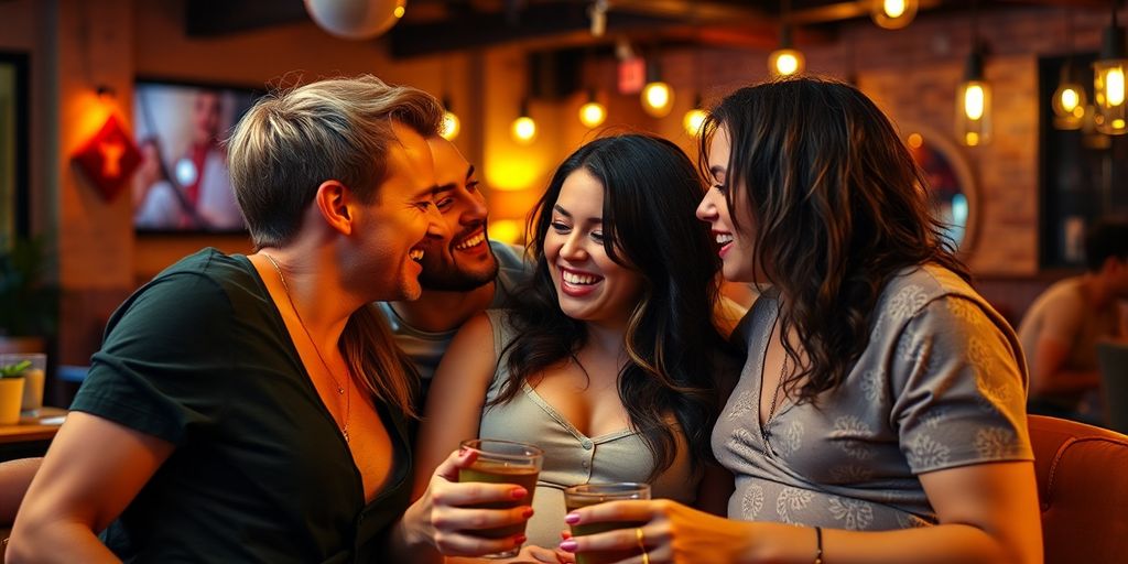 Four adults sharing an intimate moment in a playful setting.