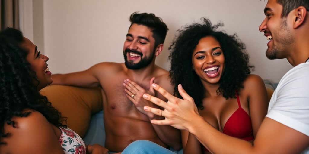 Four diverse individuals enjoying intimate group play dynamics.