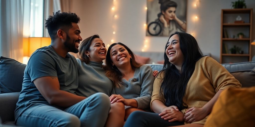 Four friends enjoying an intimate moment together, smiling.