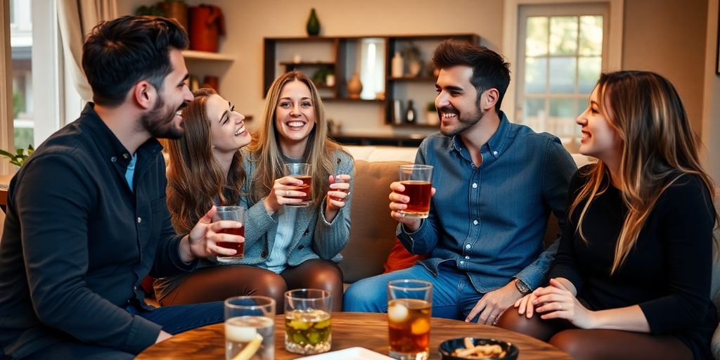 Four friends laughing together in a cozy living room.
