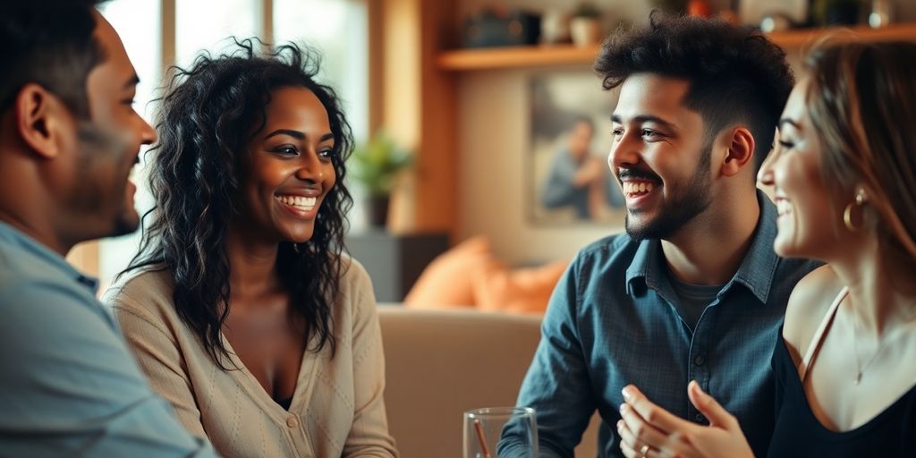 Four people chatting in a cozy, intimate setting.