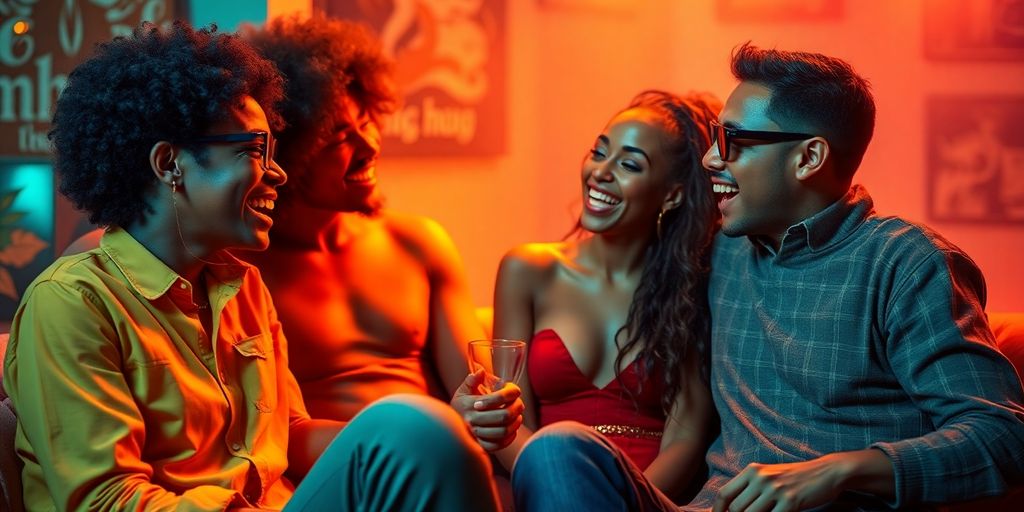 Four people enjoying an intimate and playful moment together.