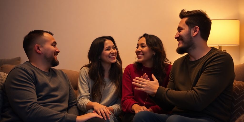 Four people in a cozy setting enjoying aftercare and connection.