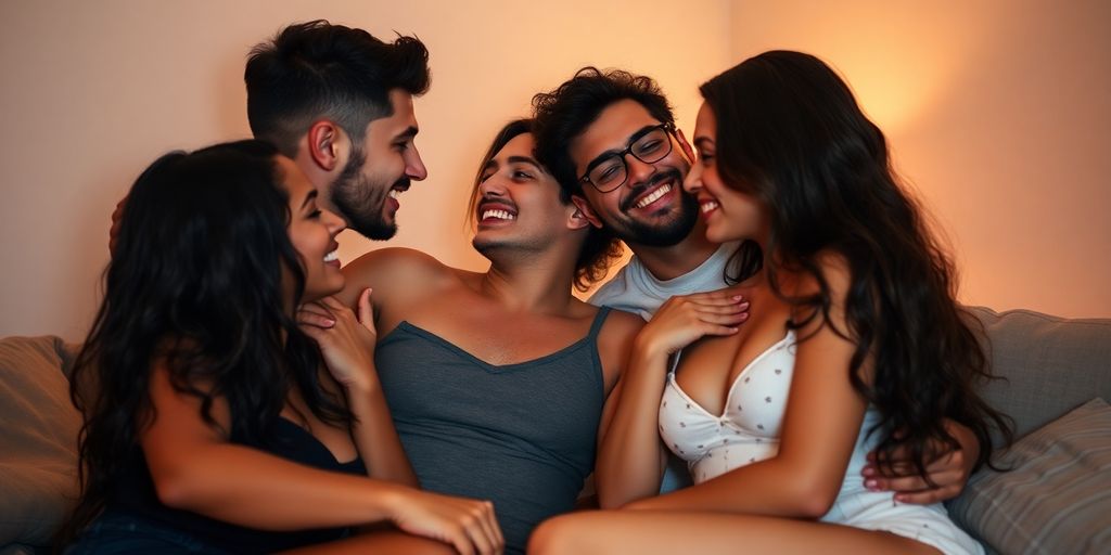 Four people in an intimate and playful setting.