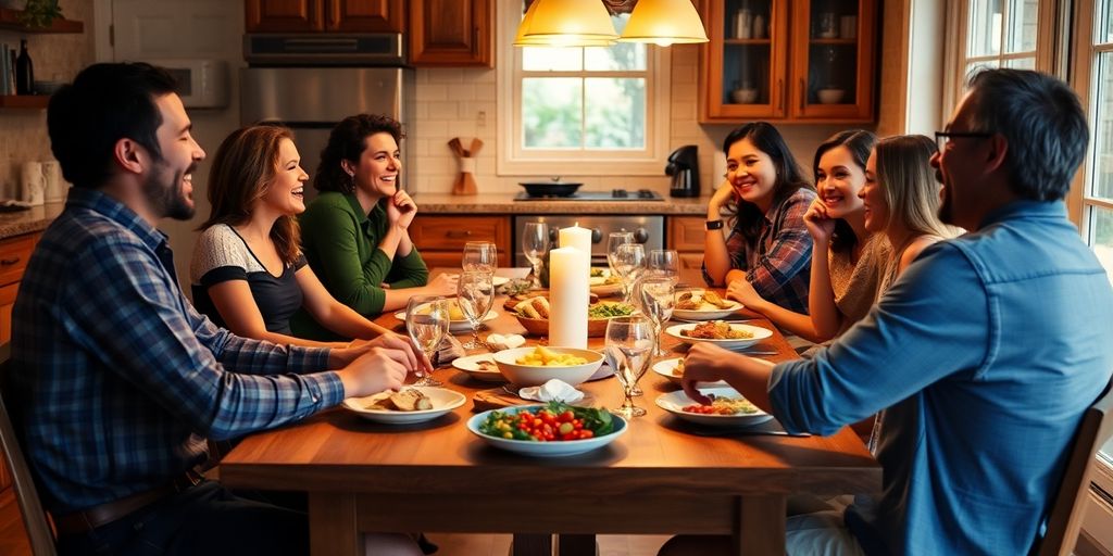 Friends enjoying a meal together at a kitchen table.