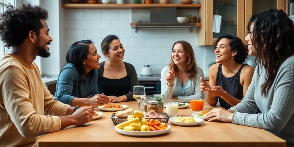 Friends enjoying a meal together in a cozy kitchen.