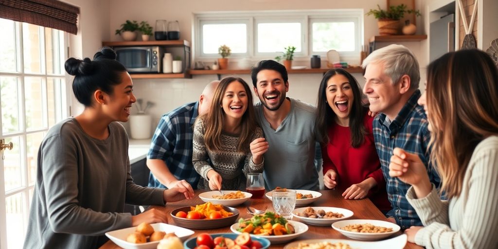 Friends enjoying a meal together in a cozy kitchen.