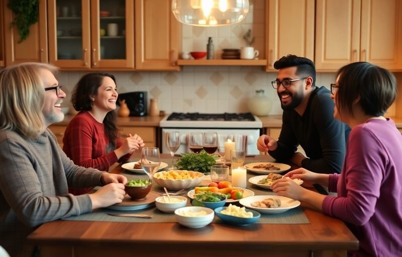 Friends gathered around a kitchen table sharing a meal.