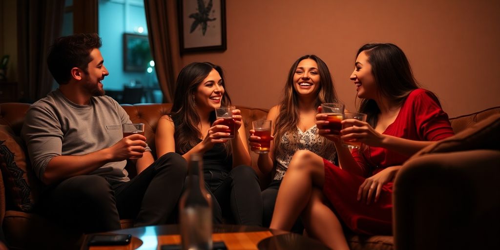 Friends laughing together in a cozy, intimate setting.