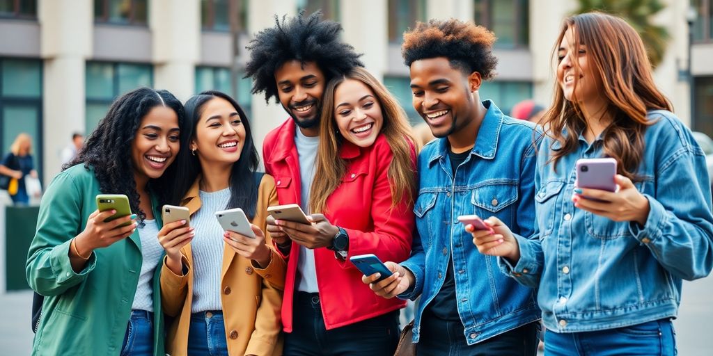 Gen Z friends engaging with smartphones outdoors, modern dating.