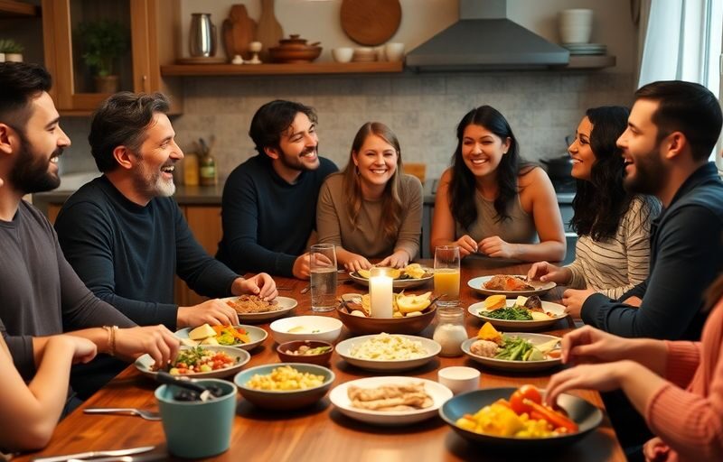 Group of adults enjoying a meal together in a kitchen.