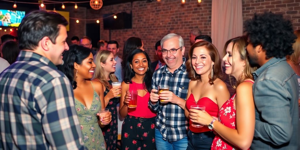 Group of adults socializing at a Brooklyn swing party.