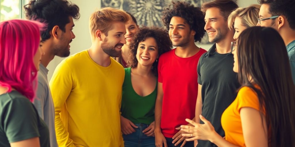 Group of diverse individuals connecting in a casual setting.