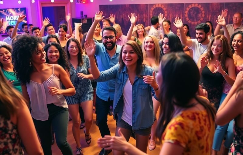 Group of diverse people dancing joyfully together.
