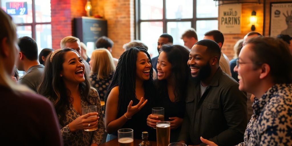 Group of diverse people socializing at a Brooklyn gathering.