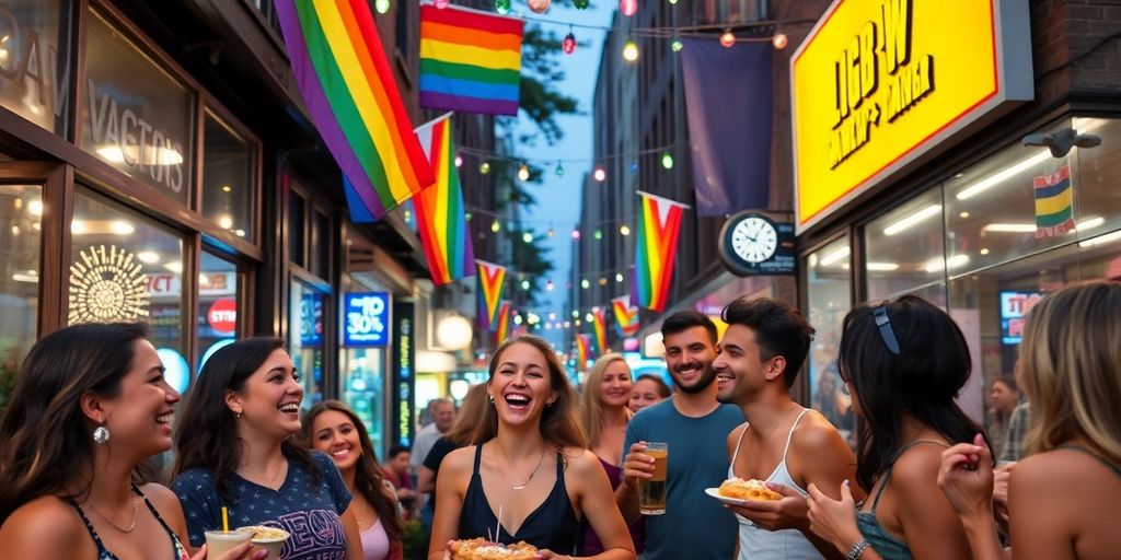 Group of friends celebrating in colorful Brooklyn street.