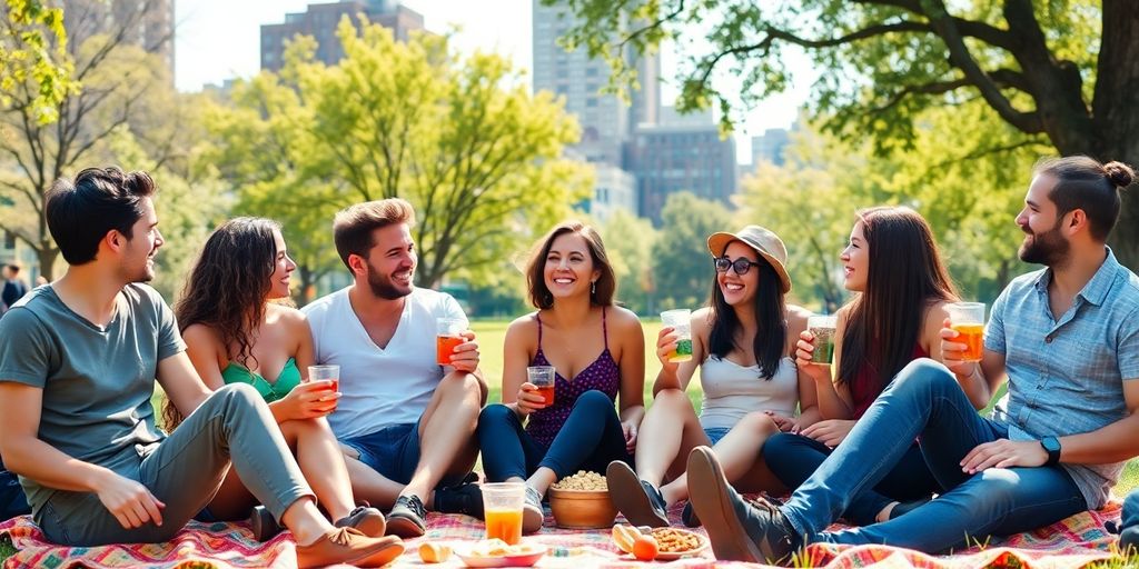 Group of friends enjoying a picnic in Brooklyn park.
