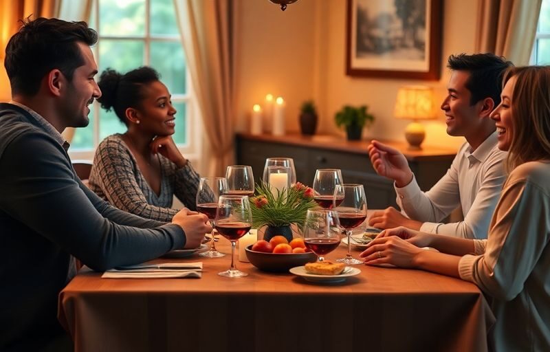 Group of friends talking around a beautifully set table.