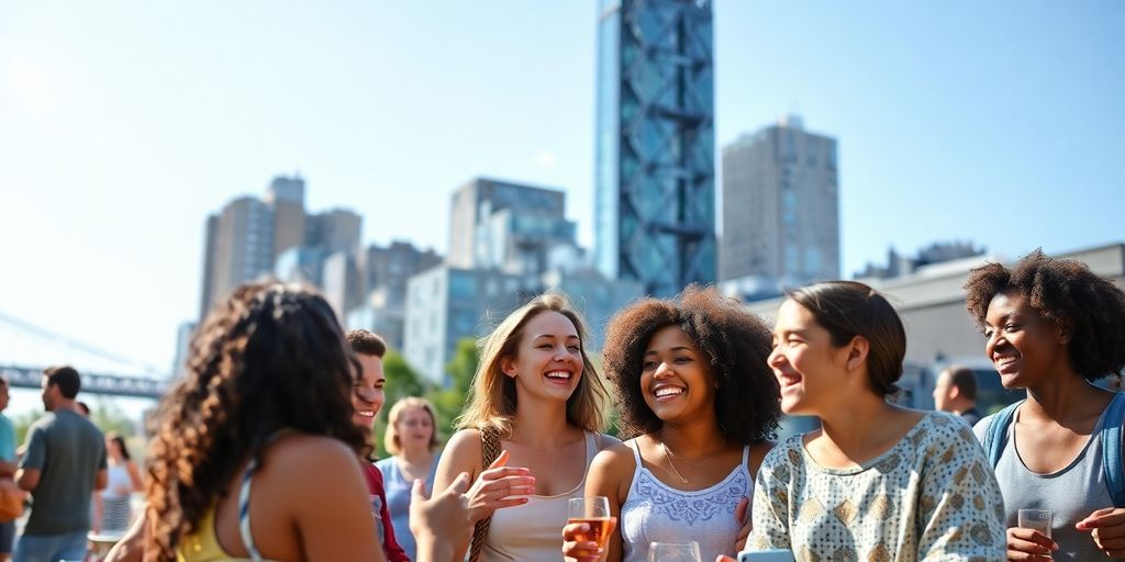 Group of millennials socializing in Brooklyn's vibrant atmosphere.