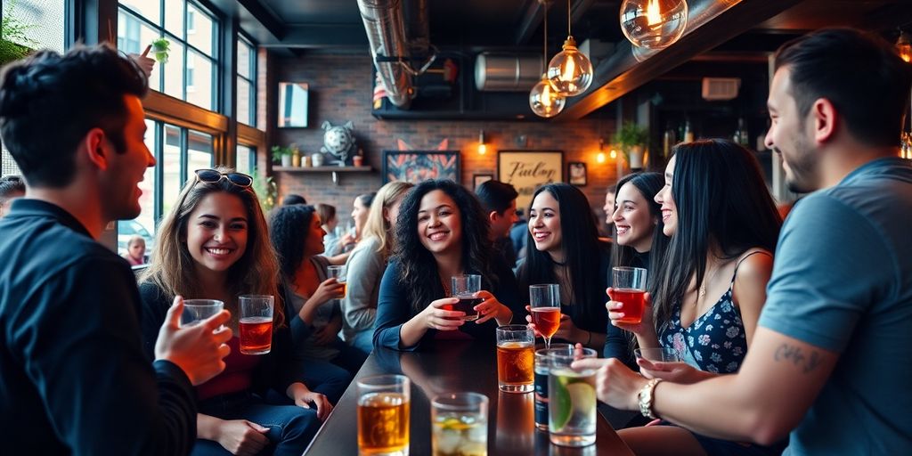 Group of millennials socializing in a vibrant Brooklyn bar.