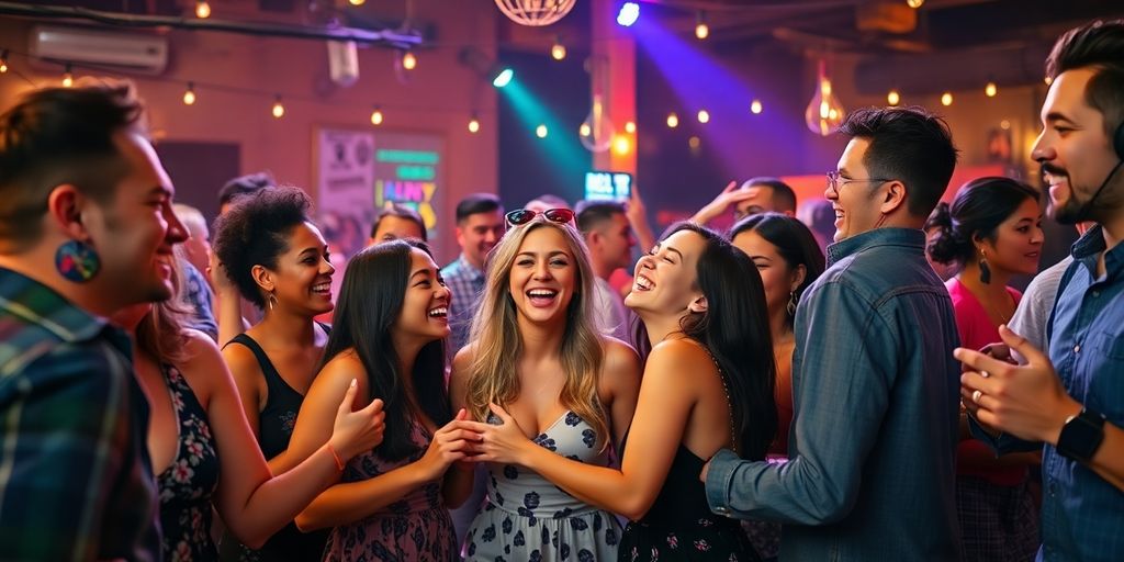 Group of modern swingers enjoying a lively Brooklyn gathering.