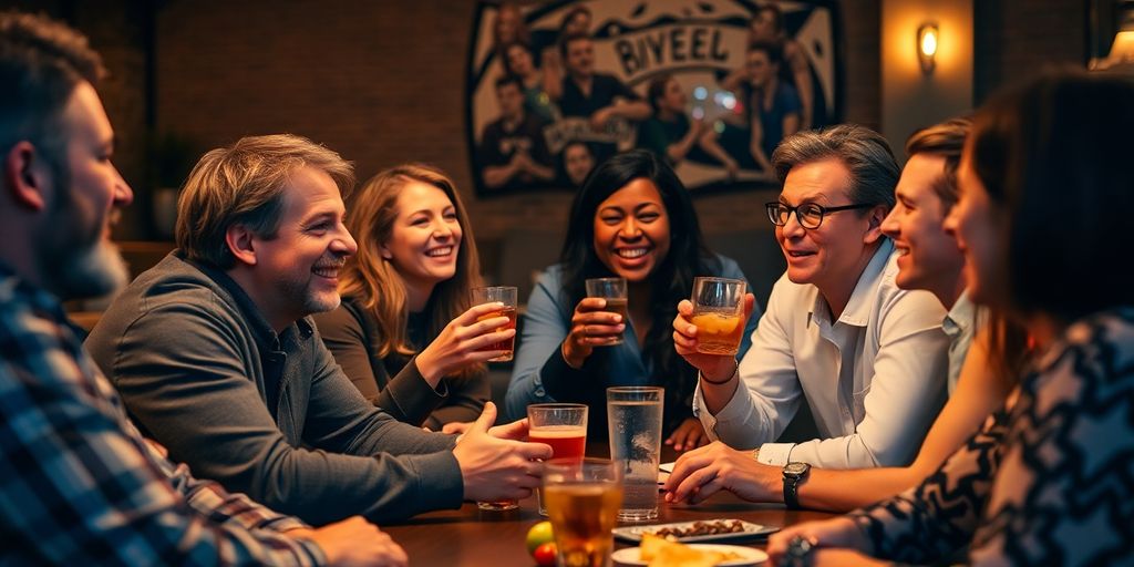 Group of people chatting around a table with snacks.