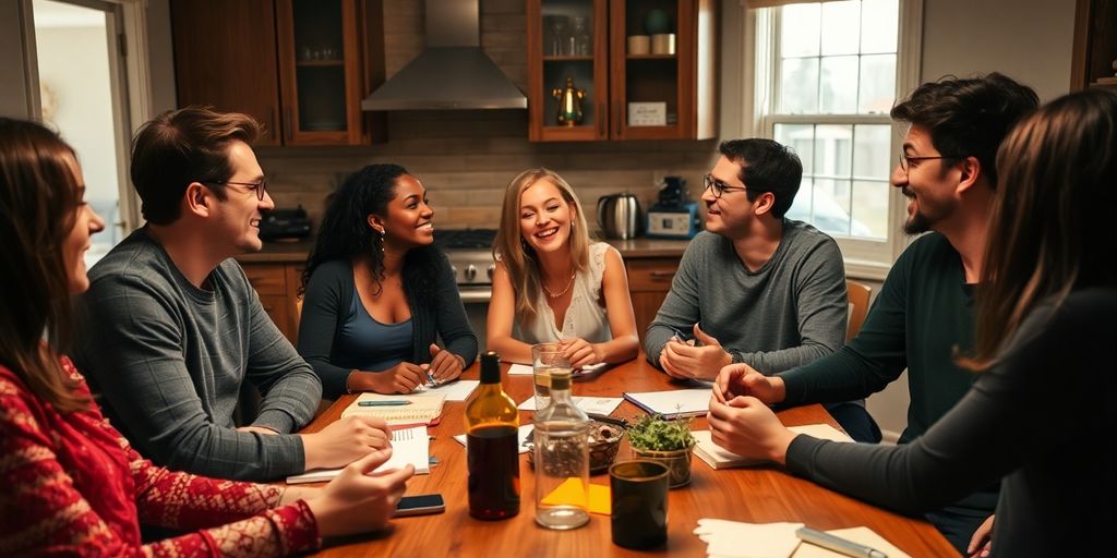 Group of people communicating around a kitchen table.