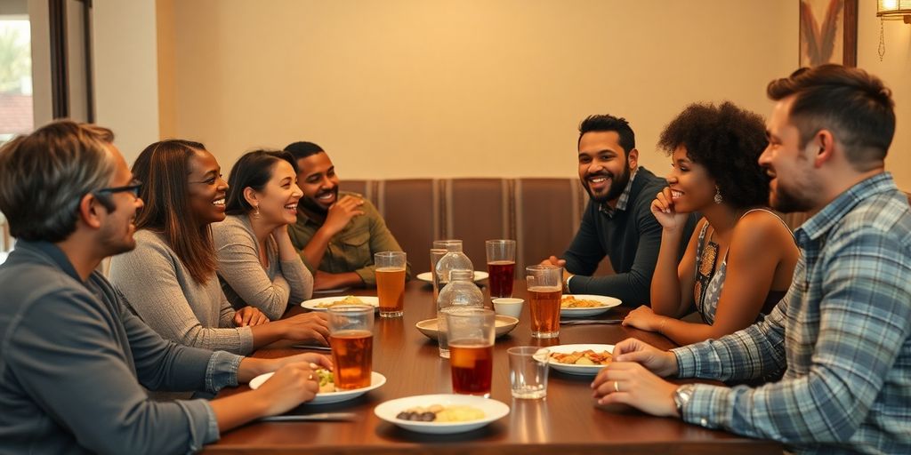 Group of people discussing at a dining table.