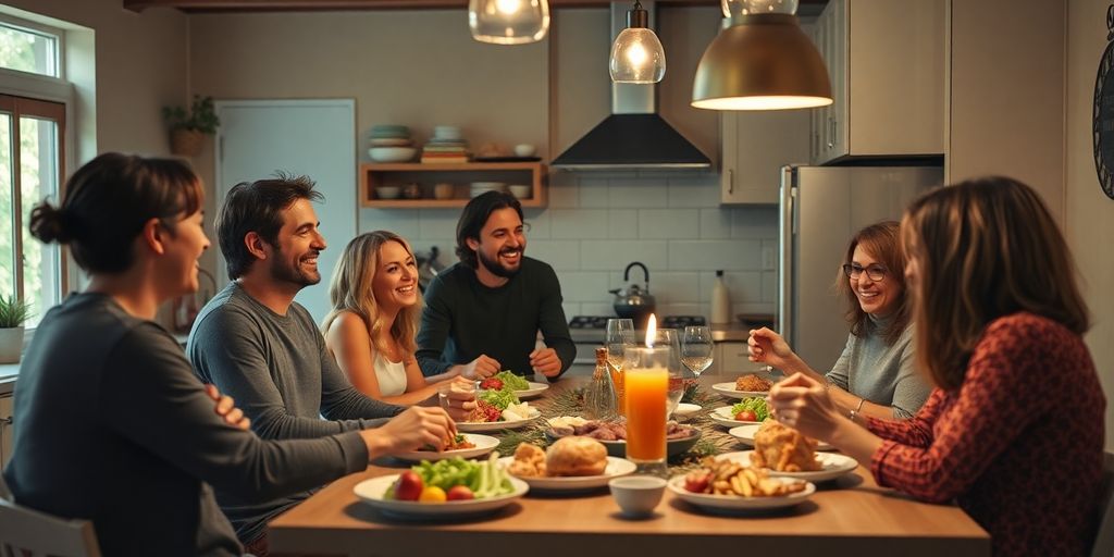 Group of people enjoying a meal together in a kitchen.