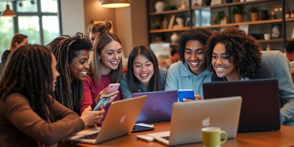 Group of young adults connecting in a caf&eacute; setting.