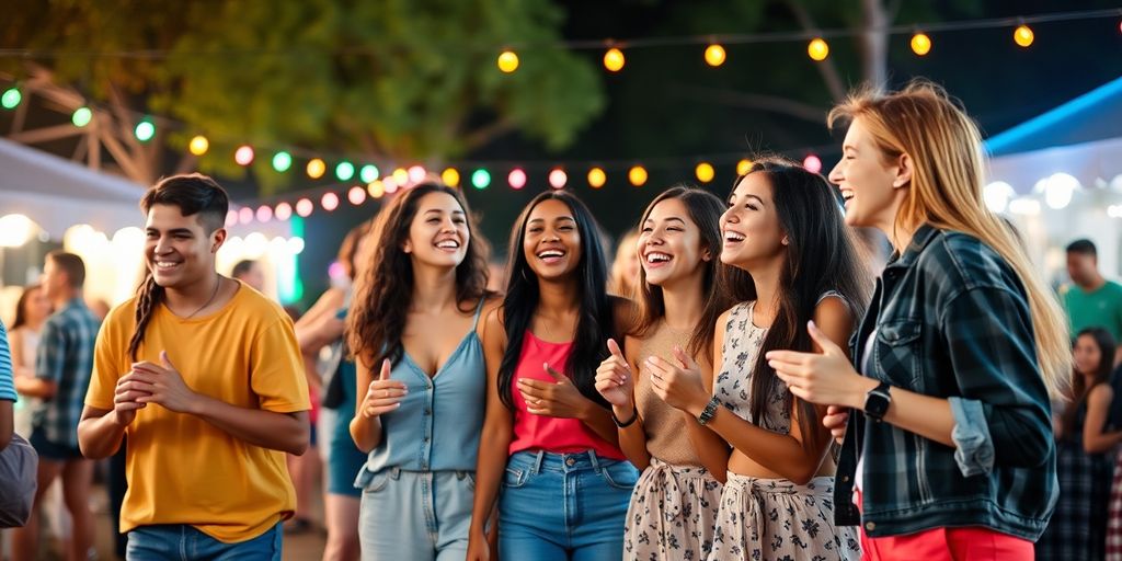 Group of young adults dancing at an outdoor event.