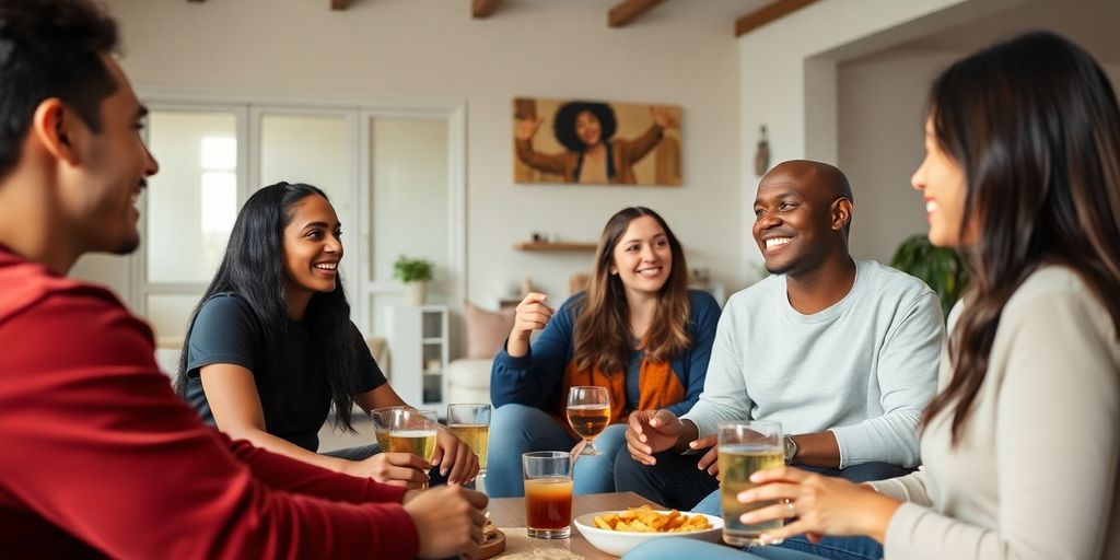 Group of young adults discussing open relationships in cozy setting.