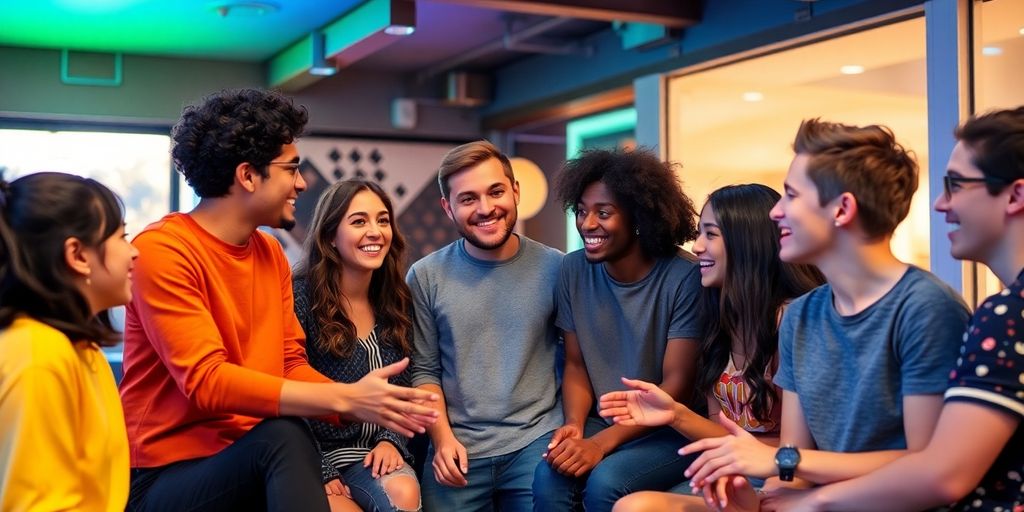 Group of young adults socializing in a cozy setting.