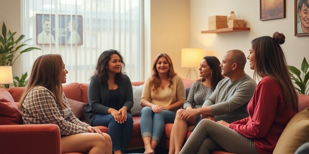 Group therapy session with diverse individuals discussing feelings.