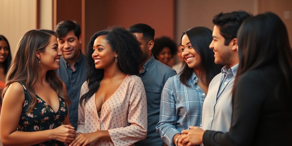 Happy diverse couples connecting, intimate setting.