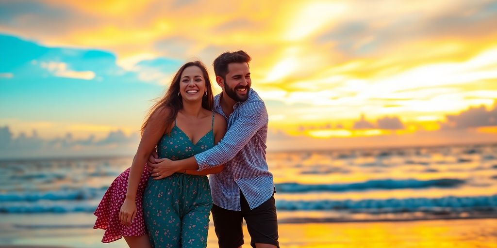 Happy throuple at sunset on a beach vacation.