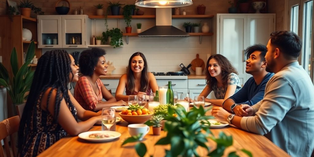 Inclusive gathering at a kitchen table with warm lighting.