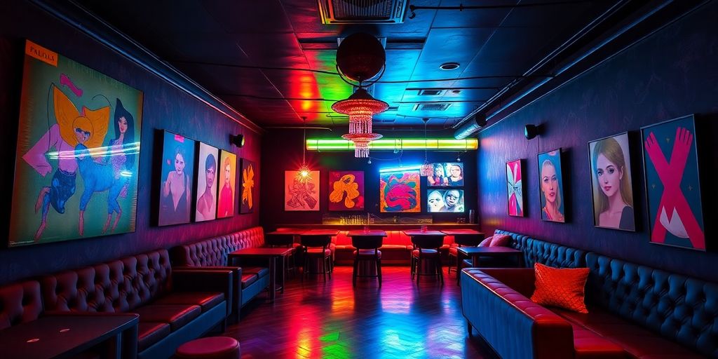 Interior of a Baltimore sex club with colorful art and seating.