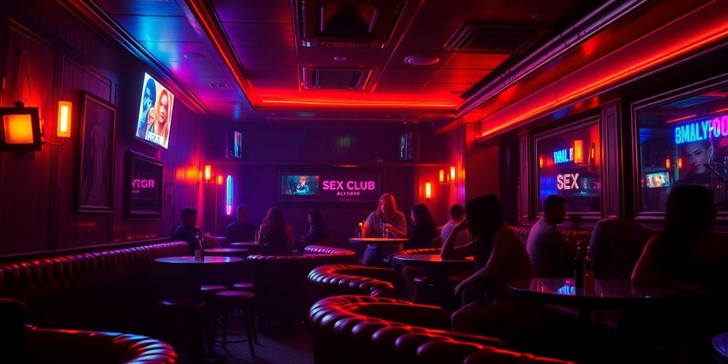 Interior of a Baltimore sex club with vibrant lighting.