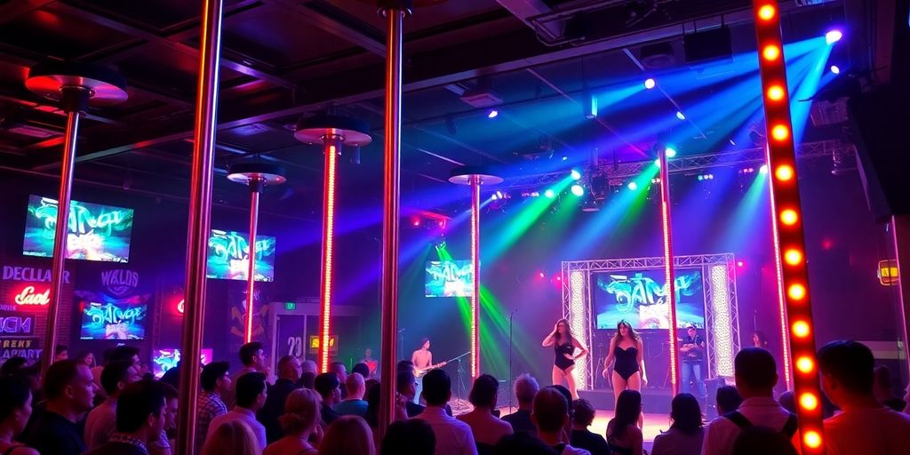 Interior of a lively pole dancing club with performers.