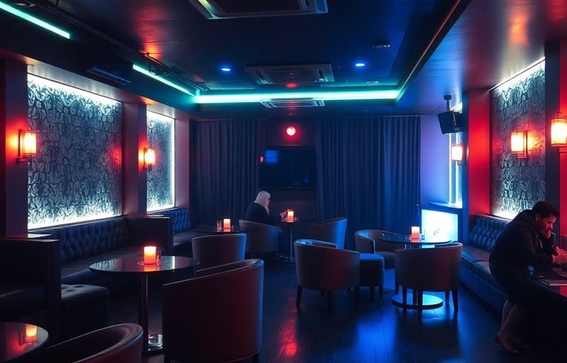 Interior of a stylish sex club with cozy seating.