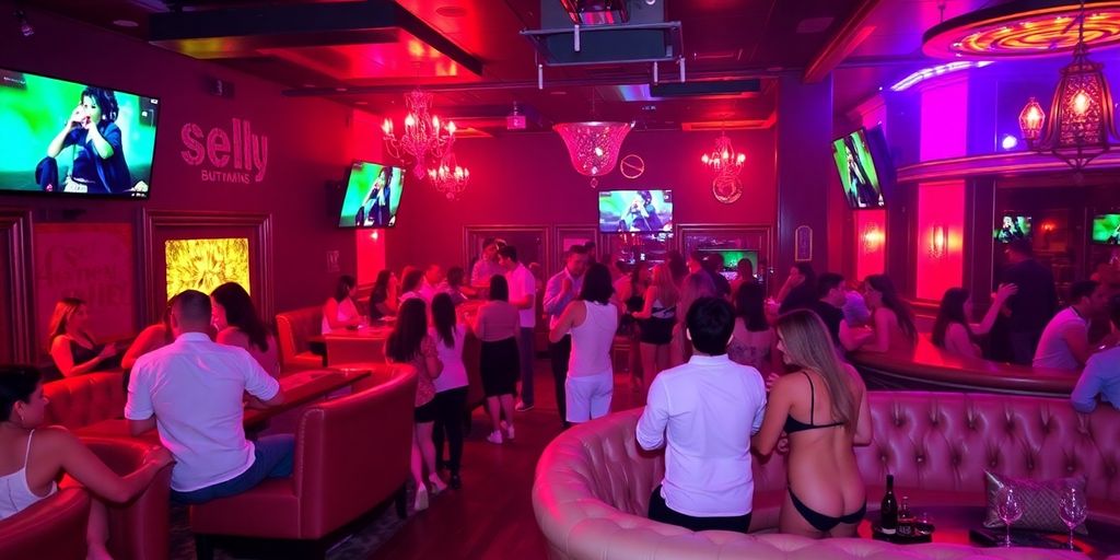 Interior of a vibrant Baltimore sex club with couples.